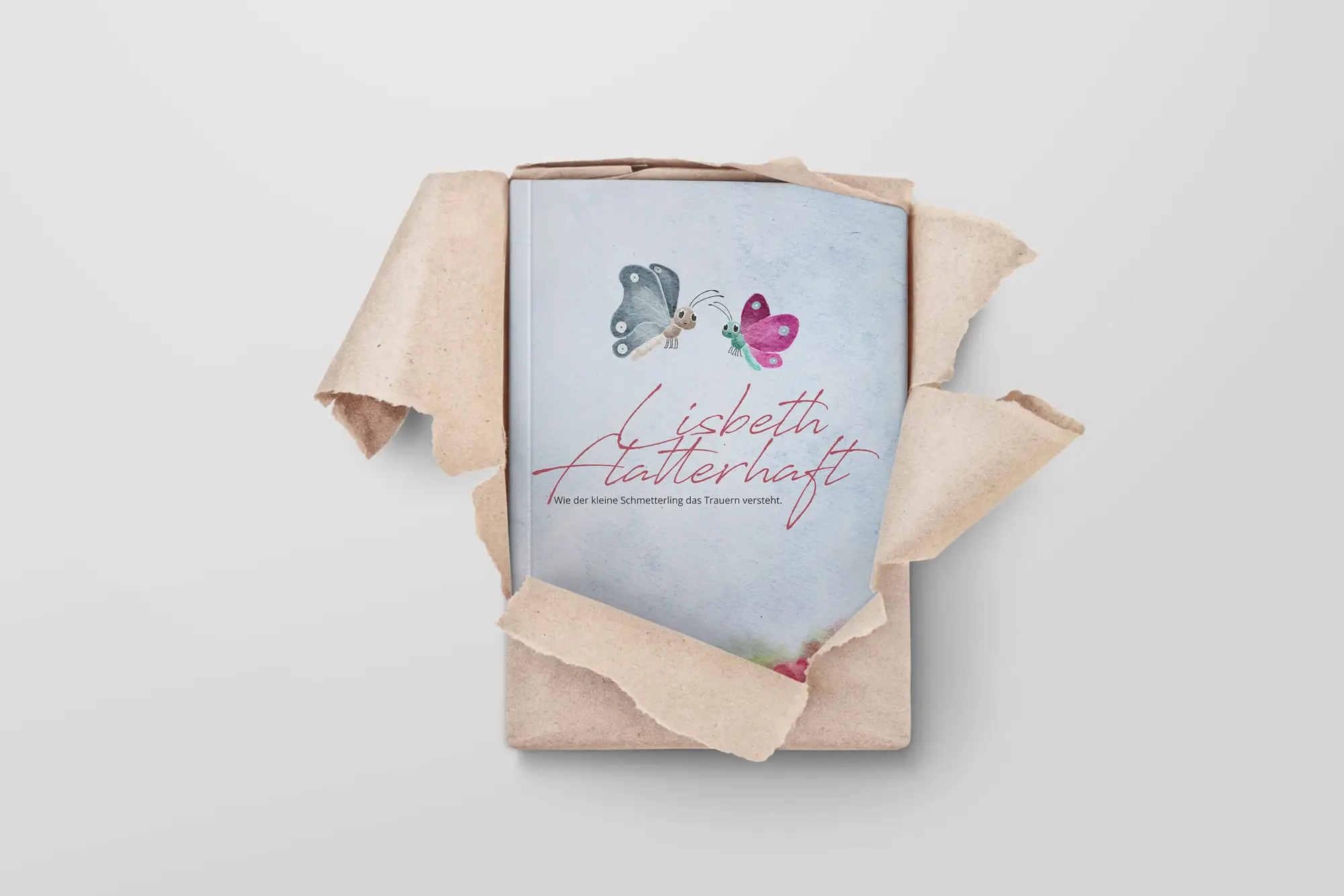 Buch mit krankem Schmetterling auf weißem Hintergrund, Trauerbegleitung, Bestattung, Naturthema, einfühlsame Abschiednahme, individuelle Trauerhilfe, Trauerbegleitung in Hessen, Bestattungsdienst.