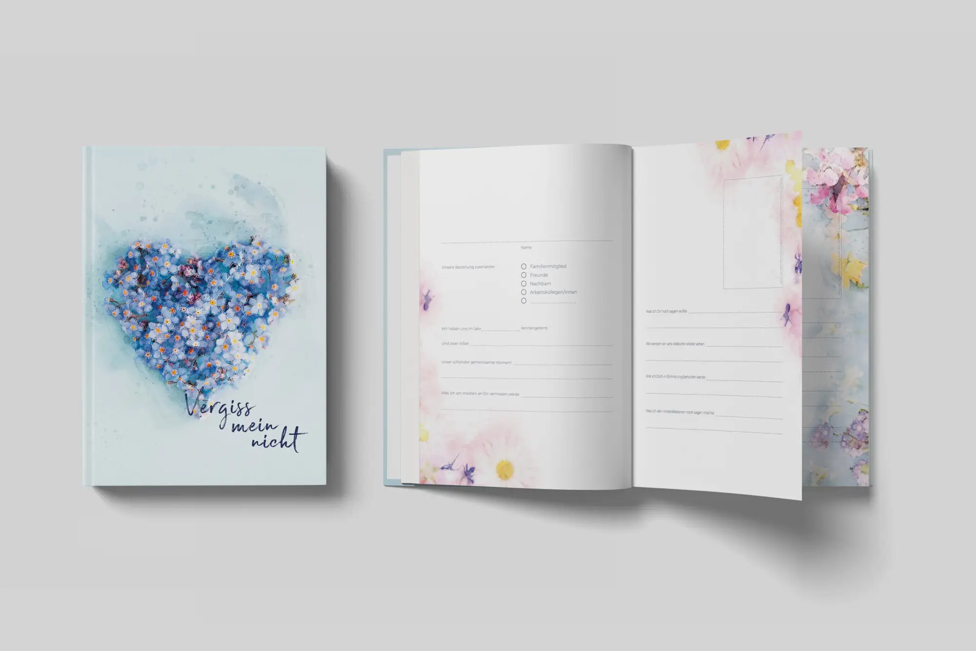 Blumenherz-Gedichtkarte mit blauen Blumen und liebevoller Gestaltung, ideal für Trauerkarten und Beileidsbekundungen.