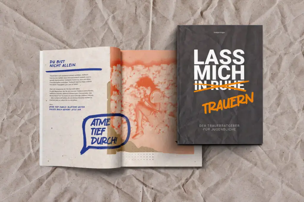 Ein Trauerbegleiter für Jugendliche — Trauerratgeber mit einfühlsamen Tipps, um Trauer zu verarbeiten, begleitet von einem Buch mit emotionalem Design und einer offenen, unterstützenden Botschaft.