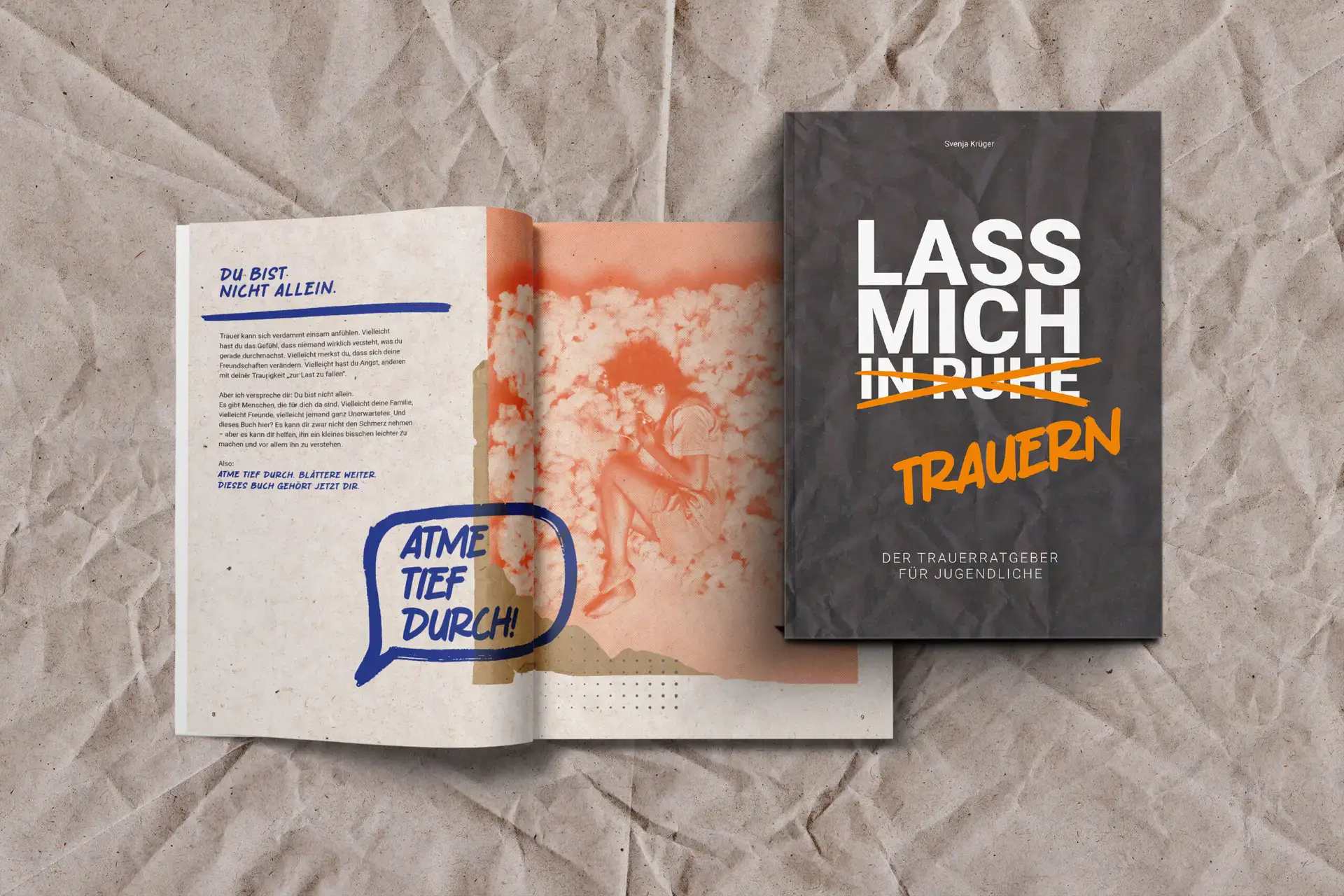 Ein Trauerbegleiter für Jugendliche — Trauerratgeber mit einfühlsamen Tipps, um Trauer zu verarbeiten, begleitet von einem Buch mit emotionalem Design und einer offenen, unterstützenden Botschaft.